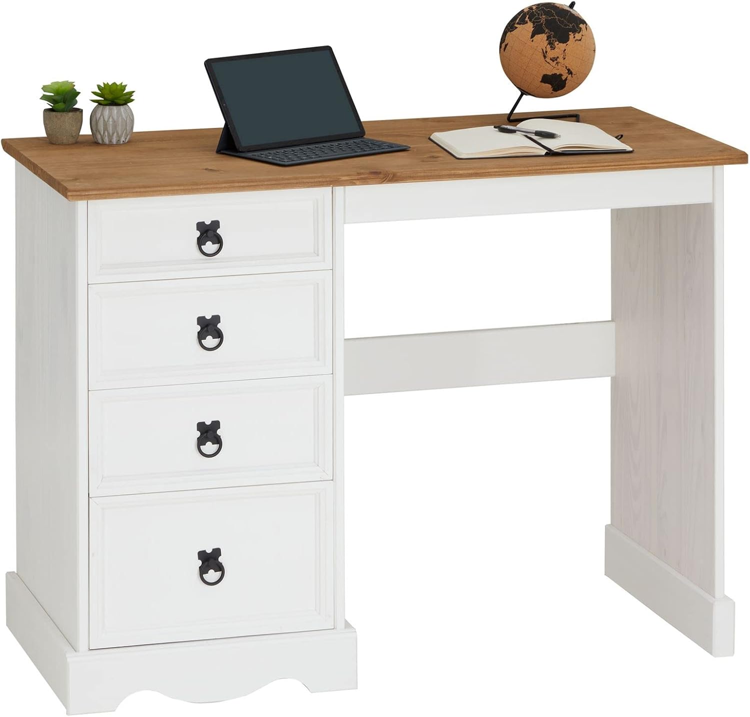 CARO-Möbel Schreibtisch Campo im Landhausstil, eleganter Tisch aus massiver Kiefer, Bürotisch mit Schubladen
