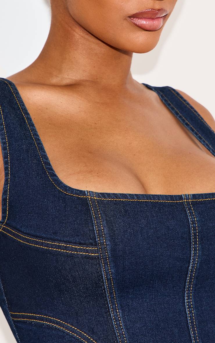 Bleu Indigo Foncé Corset En Denim Délavé Ajusté