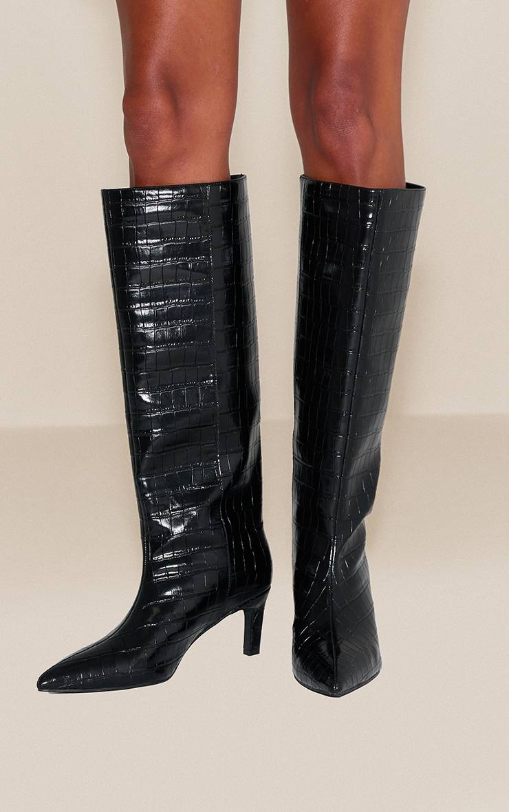 Noir Botte Montante À Talon Bobine Effet Croco