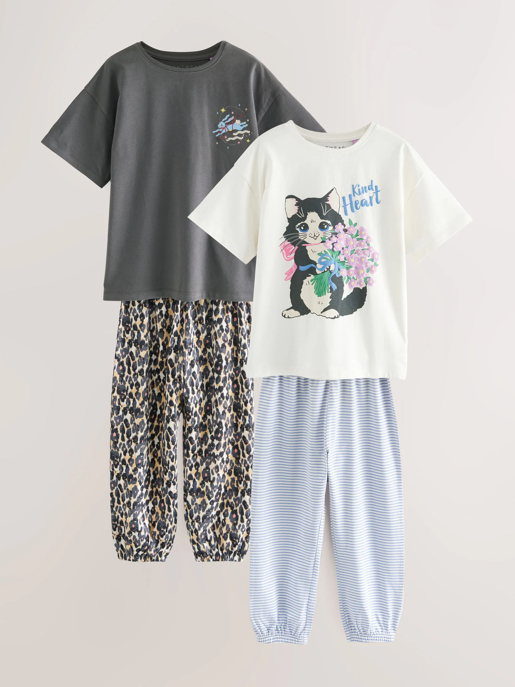 Charcoal Grey Cat Print - Verpakking van 2 pyjama's met joggingbroek (3 - 16 jr)