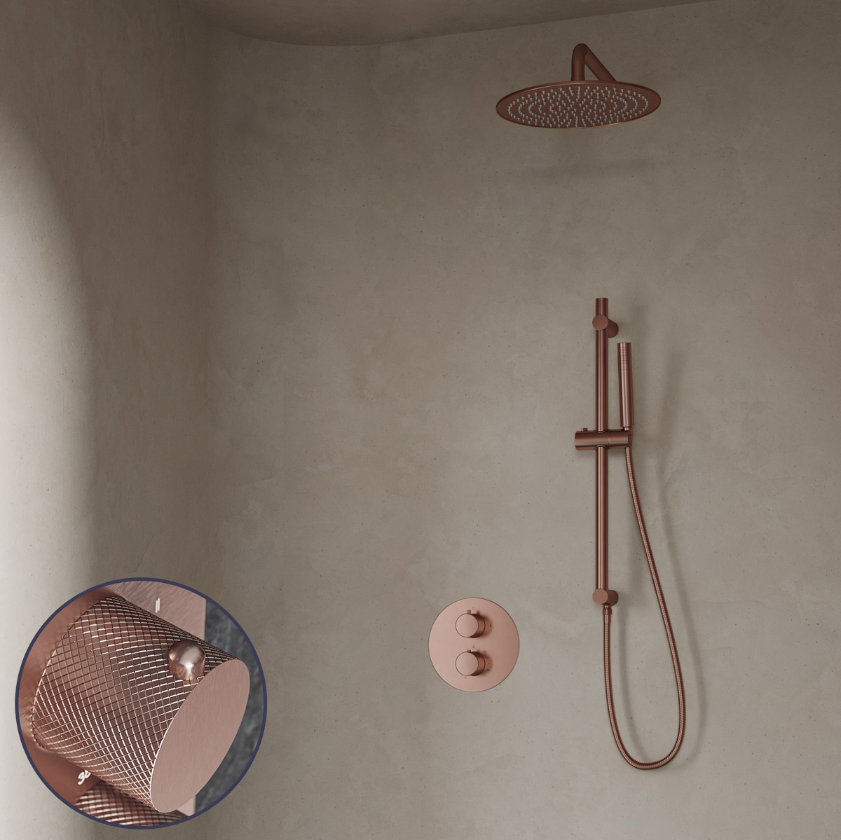 Saniclear Copper Curved inbouw regendouche rond met 20cm hoofddouche, muurarm en glijstang geborsteld koper