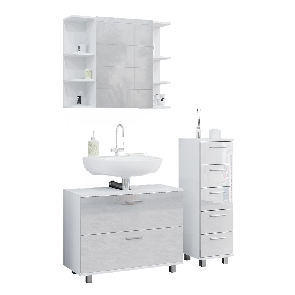 Vicco Badmöbel-Set Ilias Weiß Hochglanz modern Waschtischunterschrank Spiegelschrank Midischrank