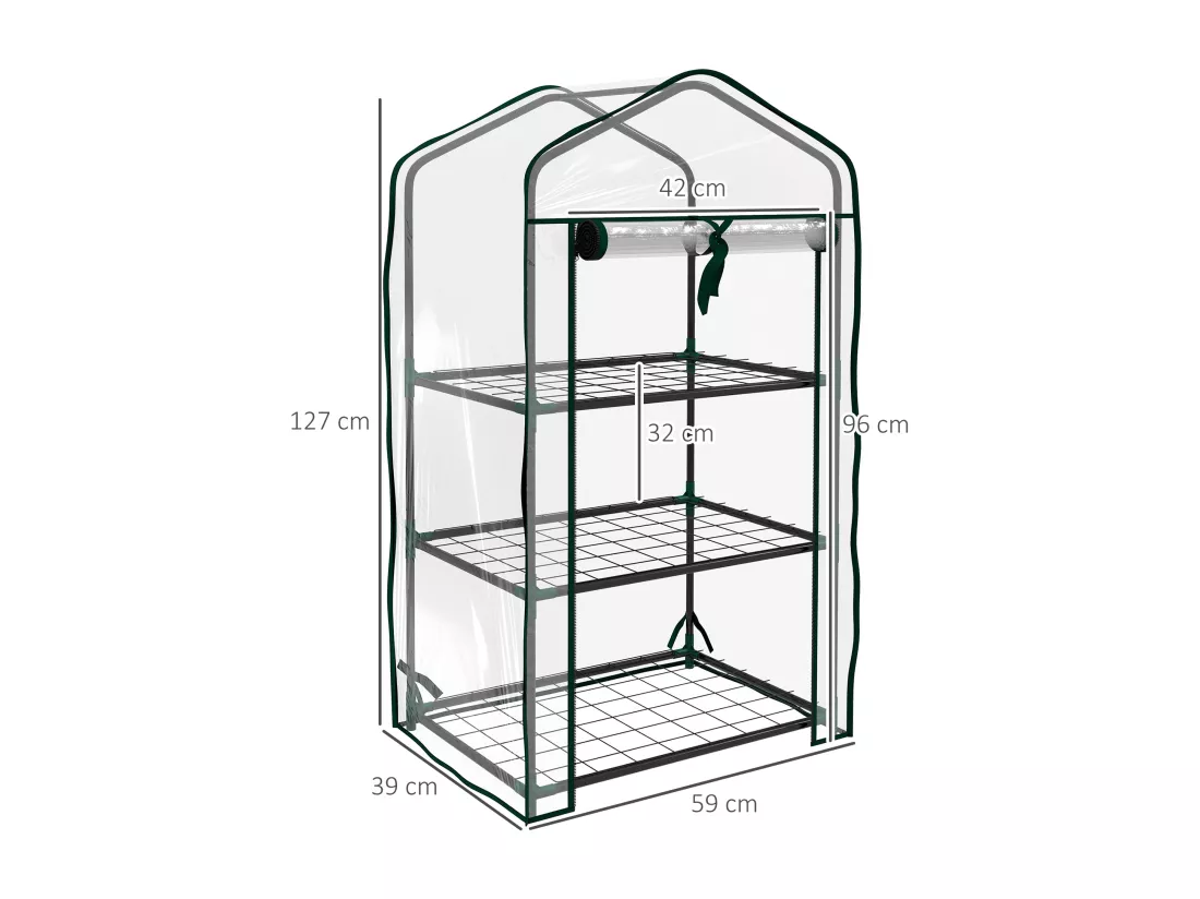 Serre de jardin balcon 3 niveaux métal thermolaqué vert PE transparent