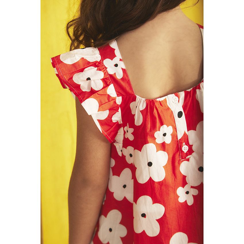 Robe manches courtes volantées imprimé fleurs pour fille - Rouge