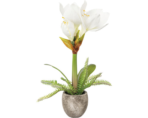 Kunst amaryllis plant in cementen pot, 35 cm hoog, wit