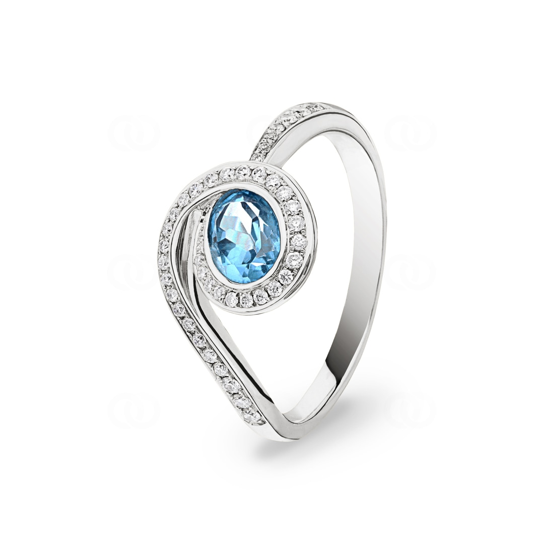 Damenring 750/18 K Weissgold mit Blautopas & Diamanten 0.21 ct H/si Ø 56