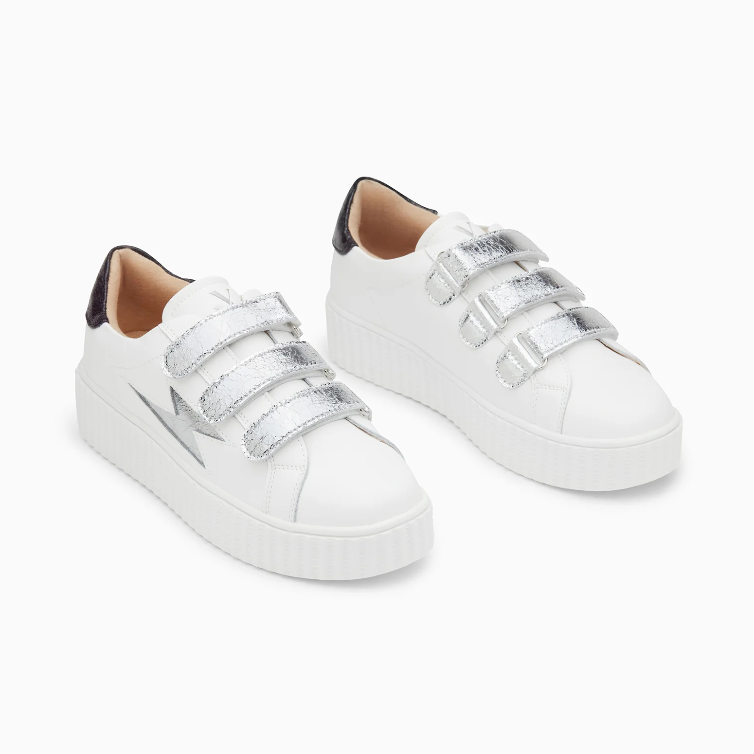 Sneakers-Baskets éclair Jane blanches en cuir à scratchs argent