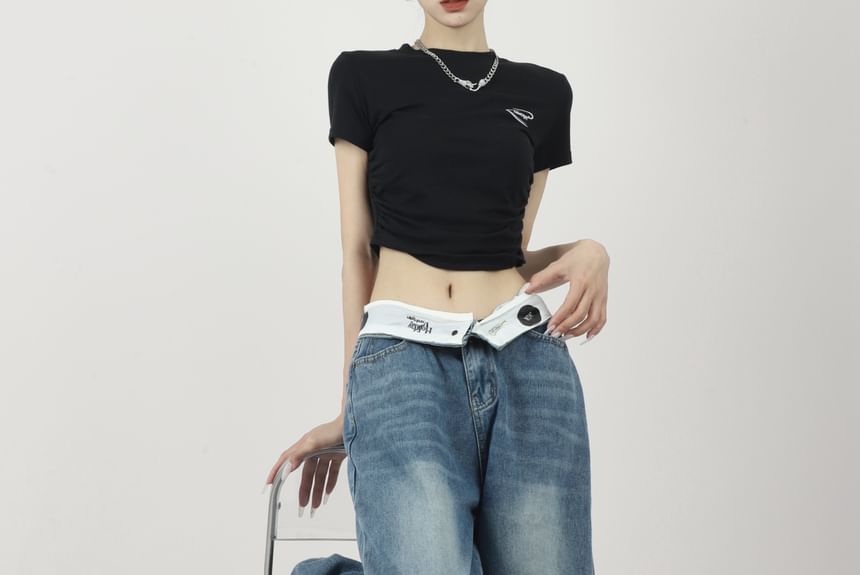 AXEN - Lage taille jeans met letters en wijde pijpen