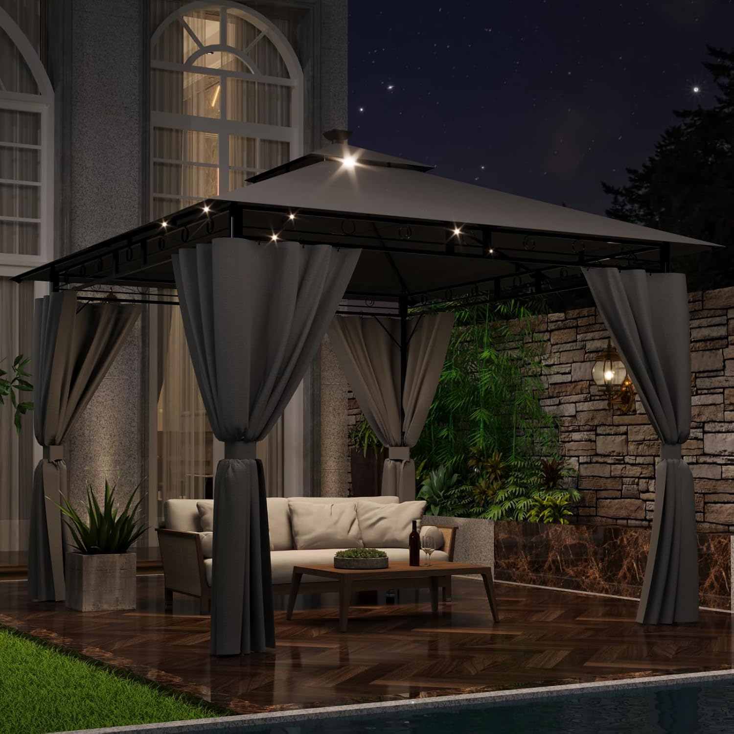 Pavillon 3x3 Wasserdicht Stabil Winterfest, Garten Pavillion mit seitenwänden, UV-Schutz 50+, Plane Gartenlaube, Metallrahmen Pavillon, Patio Gazebo, Grau