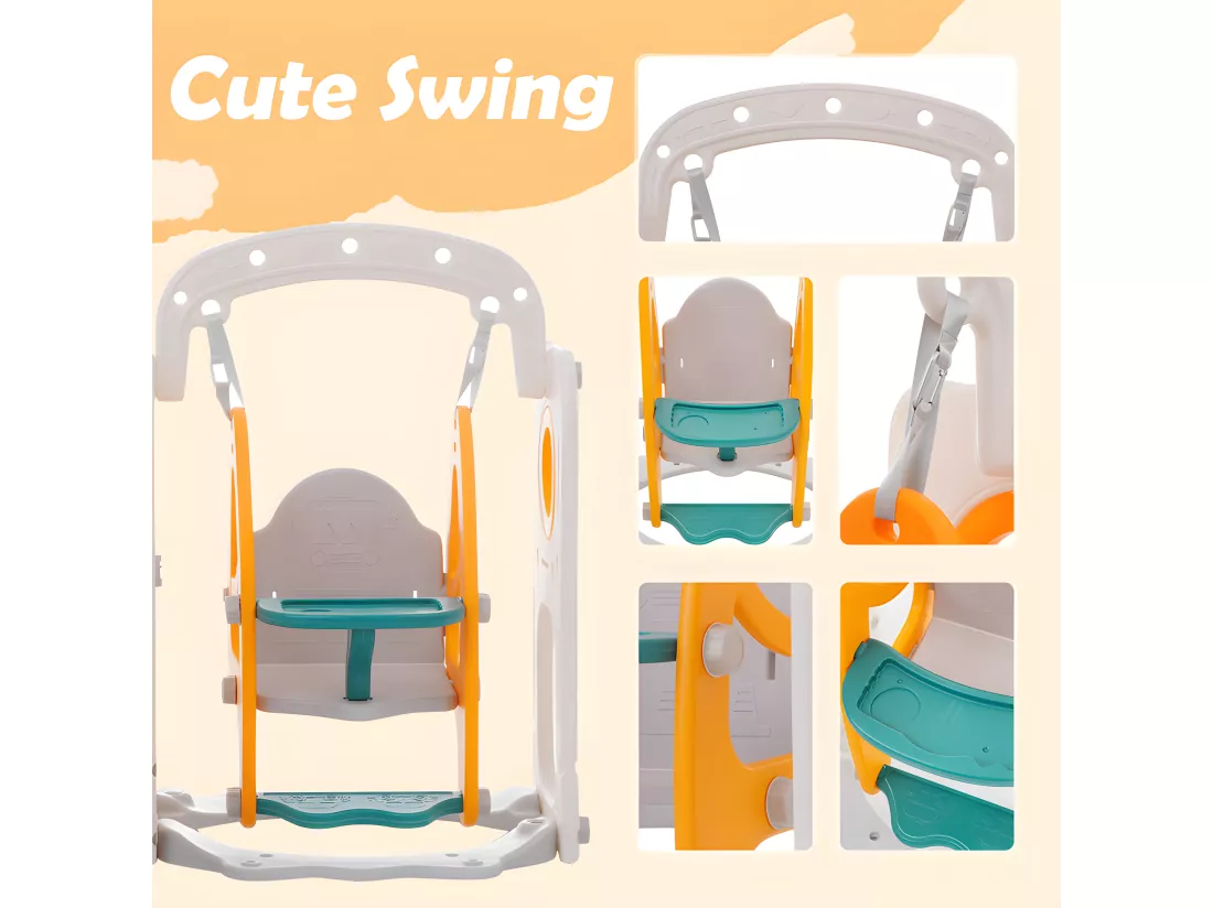 Toboggan pour enfants 7 en 1 - composé d'un toboggan, d'une balançoire, d'un panier de basket, d'un escalier, d'un tunnel, d'un passerelle et d'un rangement - Polyéthylène - Vert