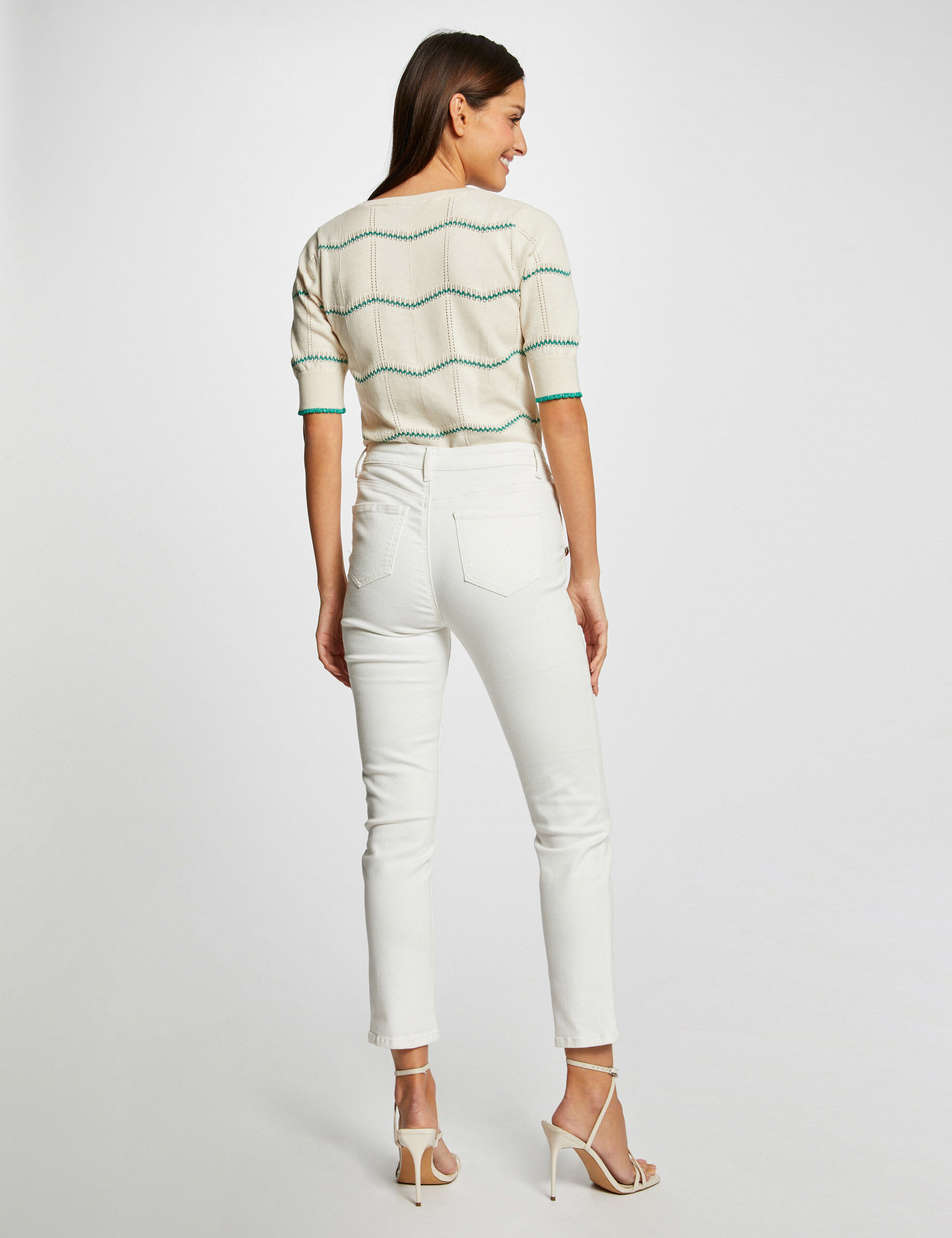 Pull manches courtes à rayures vert moyen femme - vert_moyen