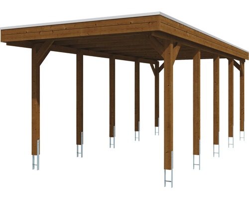 SKAN HOLZ Friesland enkele carport inclusief aluminium dakpanelen en H-paalankers, 314 x 708 cm, notenhout