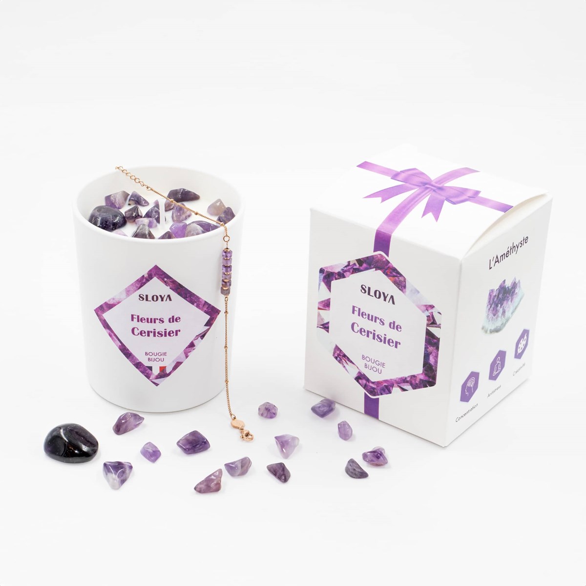 Bougie bijou pierres Améthyste - parfum Fleur de Cerisier