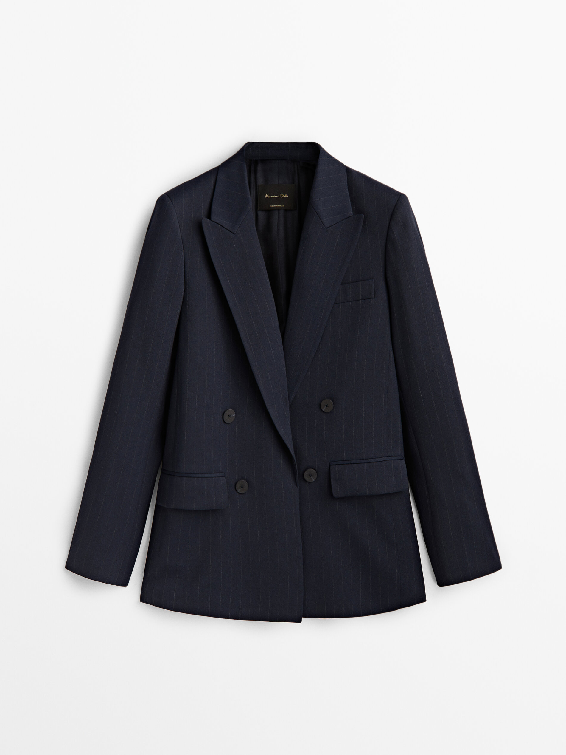 Terno risca de giz estilo americano com detalhe transpassado falso - AZUL MARINHO