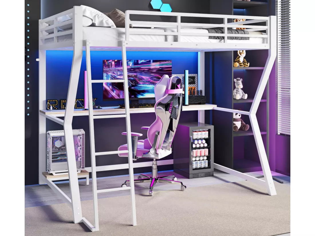 Lit mezzanine 90x200cm avec LED et prises - bureau + escalier - Blanc