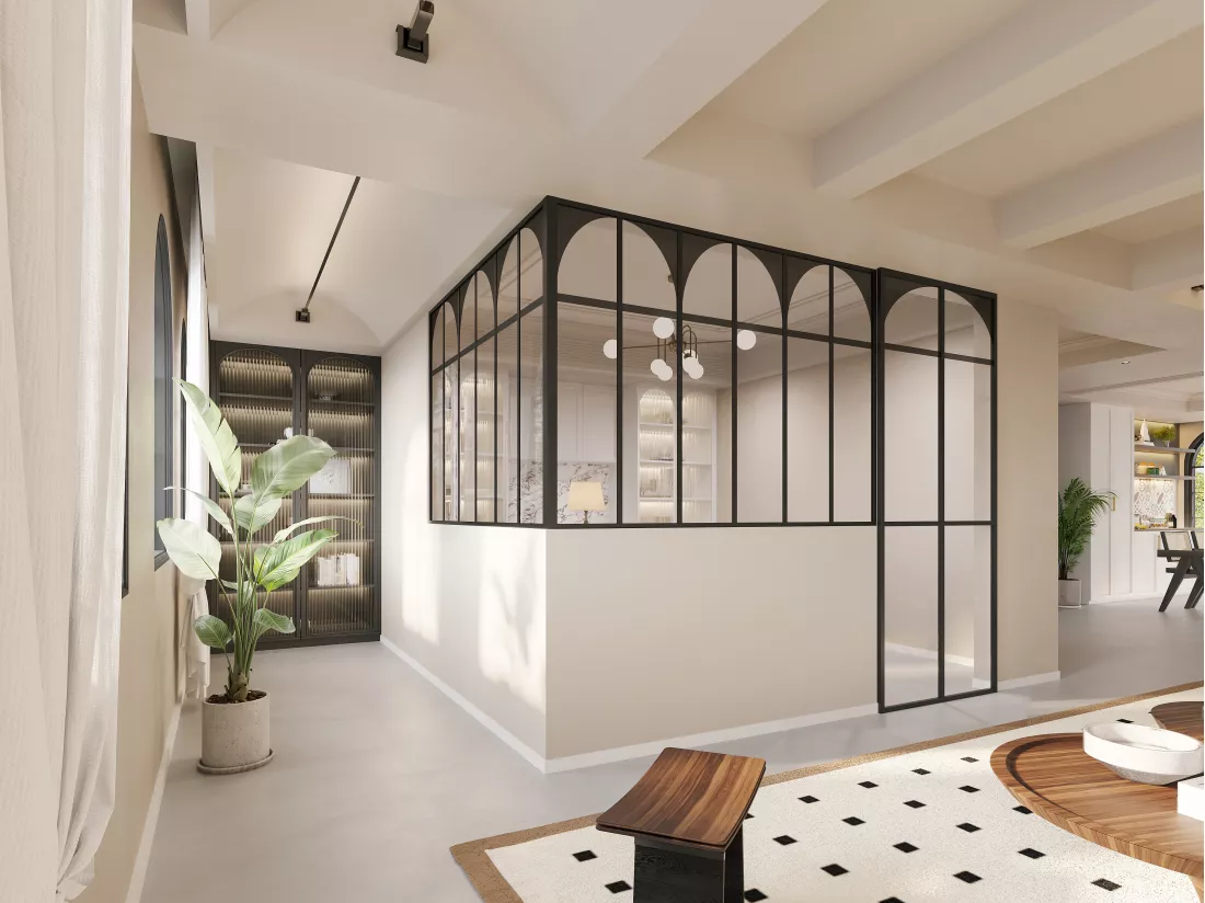 Verrière d'angle d'atelier art déco en aluminium thermolaqué - L180 x L180 x H130 - Noir - ARCADEA