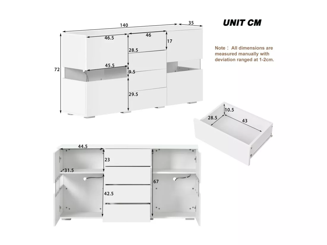 Banc TV 4 tiroirs et 4 portes, avec LED RGB et télécommande, meuble TV alimenté par USB, Blanc, 140x35x72cm