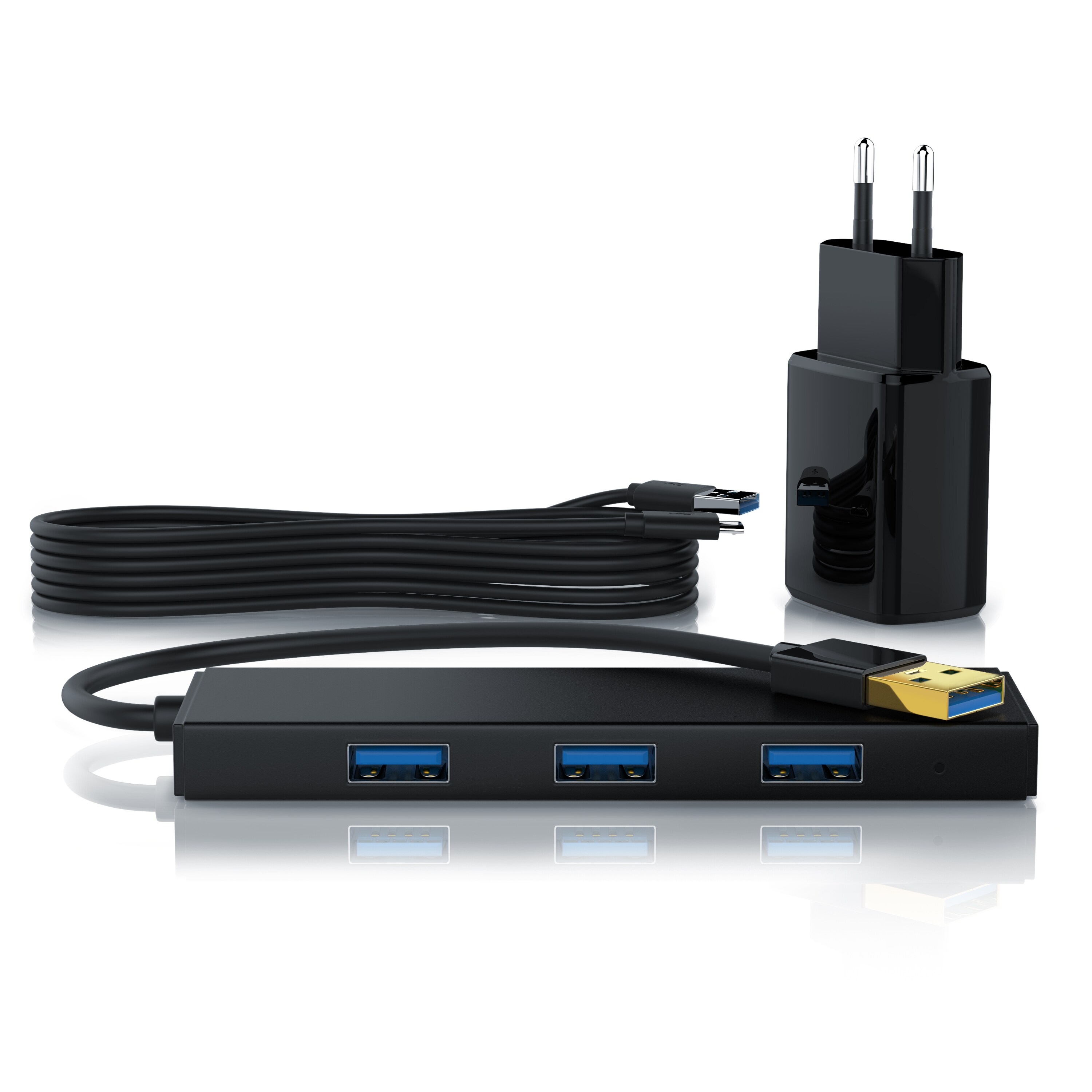 Primewire USB 3.2 Hub mit Netzteil, Ultra Slim 4-Port Verteiler, Datenhub für PC PS4 Notebook Netbook Laptop Ultrabook Tablet-PC MacBook, Bus-Powered