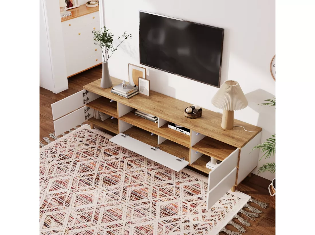 Meuble TV 5 portes et 8 niche, pieds en bois solides, 175x37x51cm, Blanc et naturel