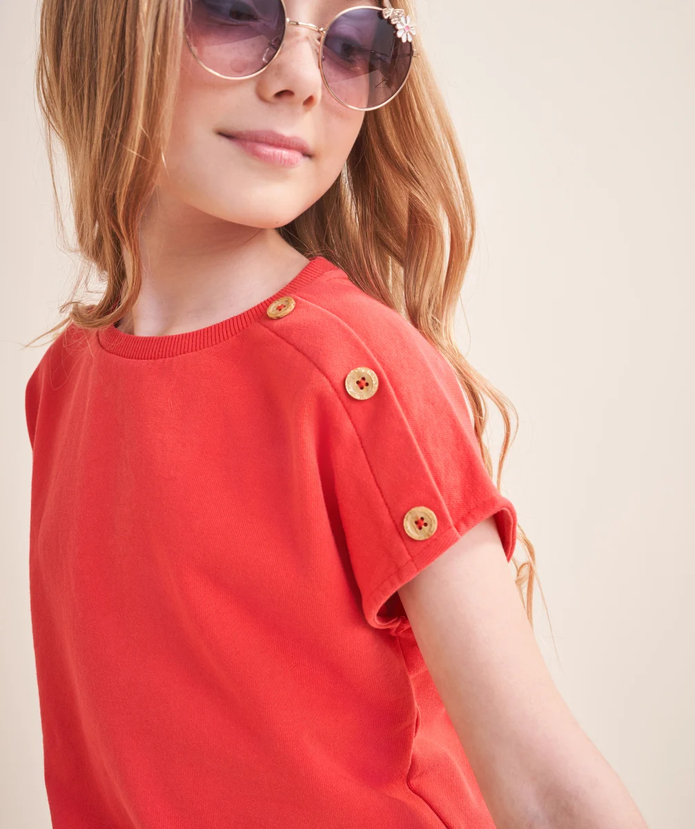 sweat sans manches fille en fibres recyclées rouge avec boutons
