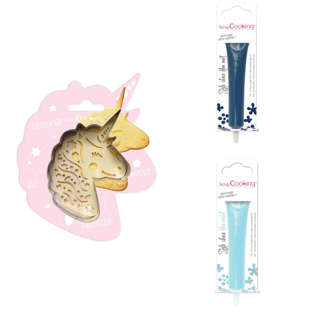 Kit pour biscuit en relief Licorne + 2 Stylos au chocolat bleu nuit et