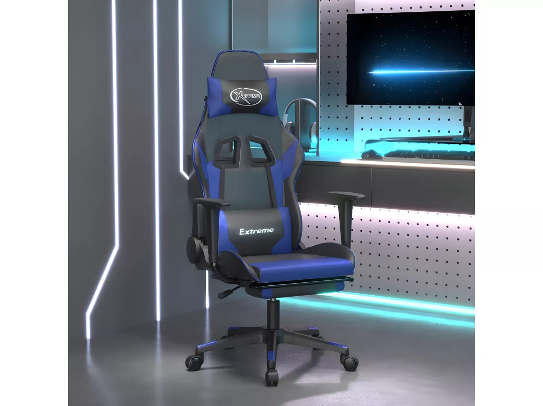 Chaise de jeu avec repose-pied Noir et bleu Similicuir
