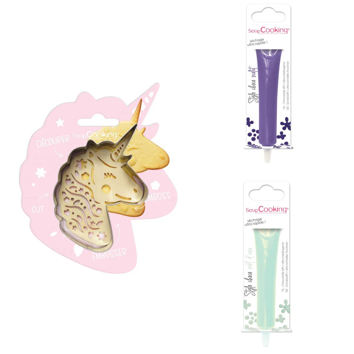 Kit pour biscuit en relief Licorne + 2 Stylos au chocolat violet et ve