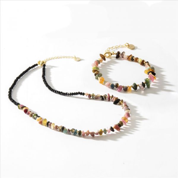 Luxenter Conjunto Turmalina Ulanvi Multicolorida com Acabamento em Ouro Amarelo 18 Quilates One Size