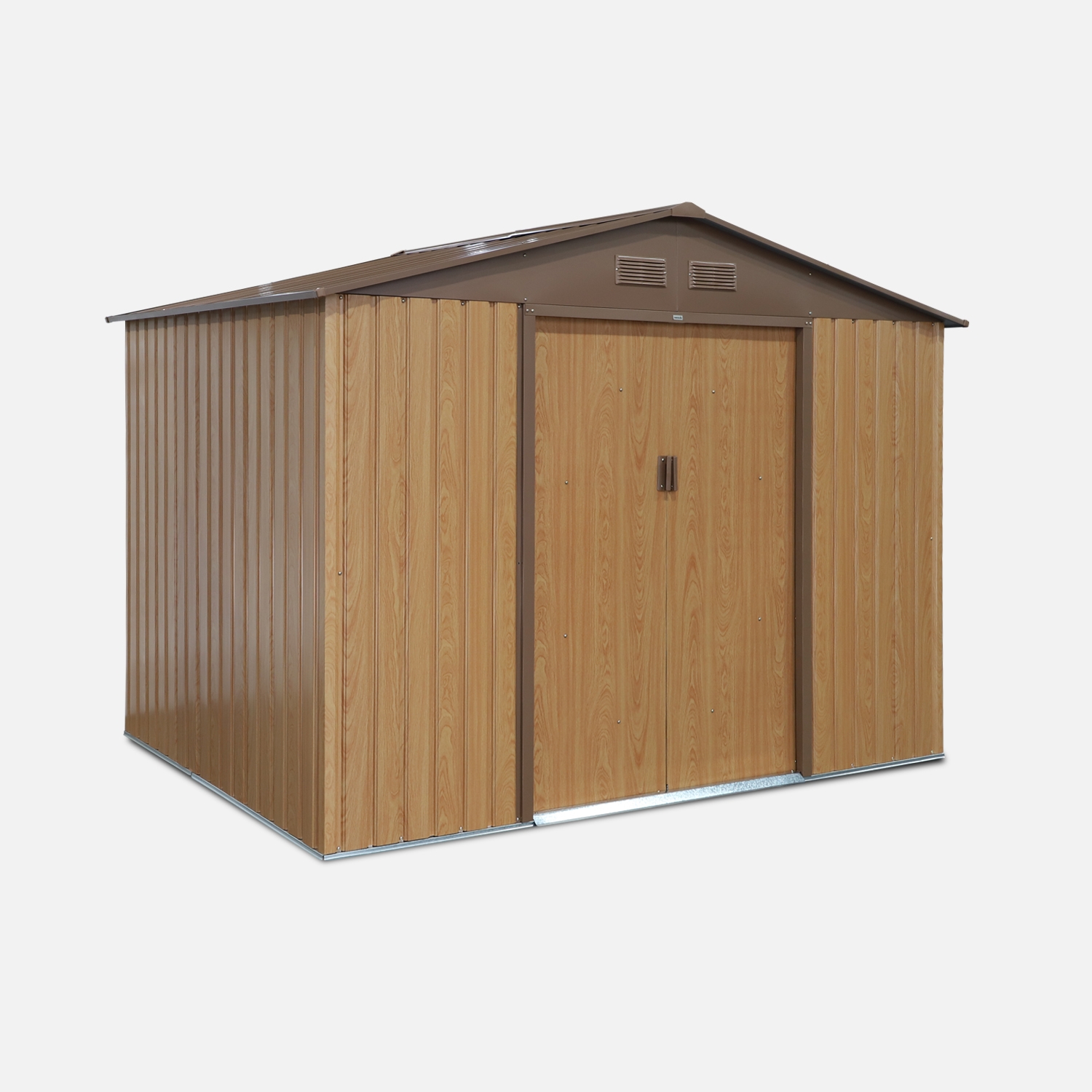 Abri de jardin en métal - ferrain 5.29m² couleur chêne - cabane à outils avec deux grandes portes coulissantes. Kit de fixation sol