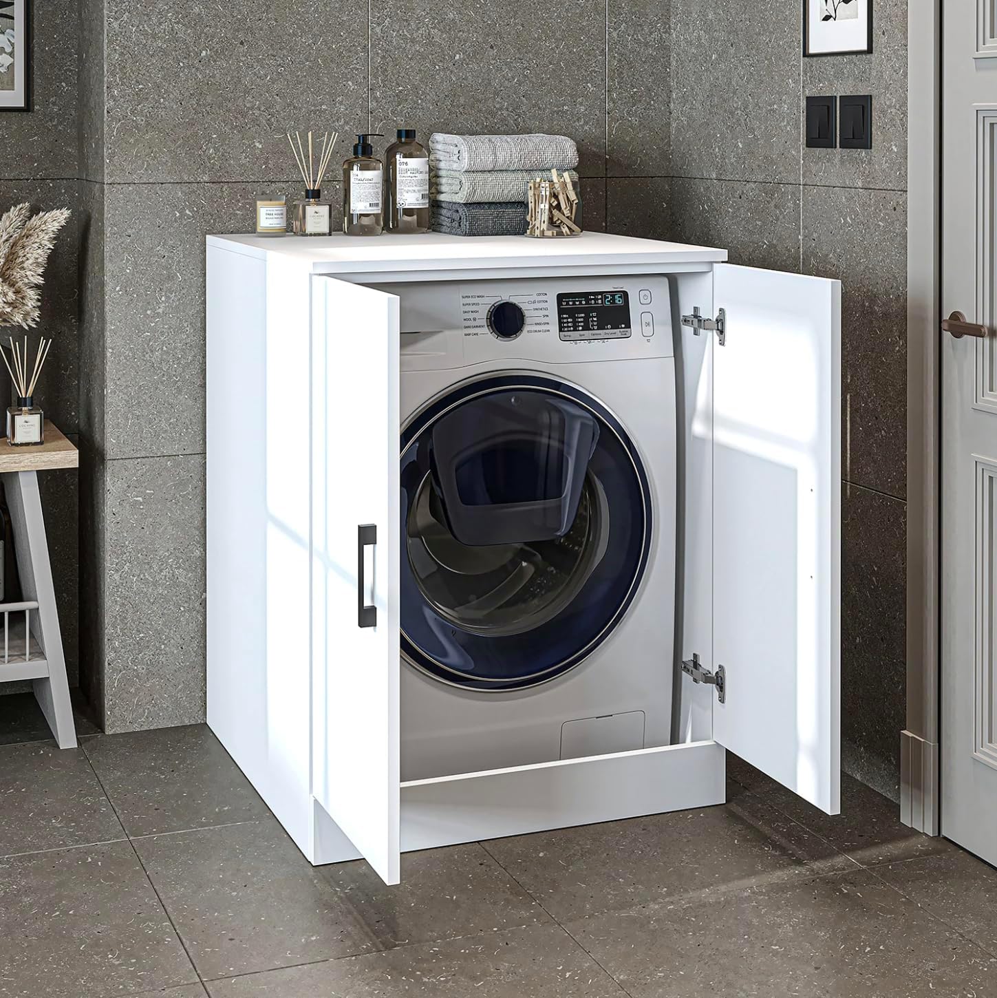 Badezimmer, Waschmaschinenschrank, Waschturm, Waschmachinenregal, Waschmaschinenüberbau - BHT: 70 x 180 x 69 cm (ohne Oberschrank, Weiß)
