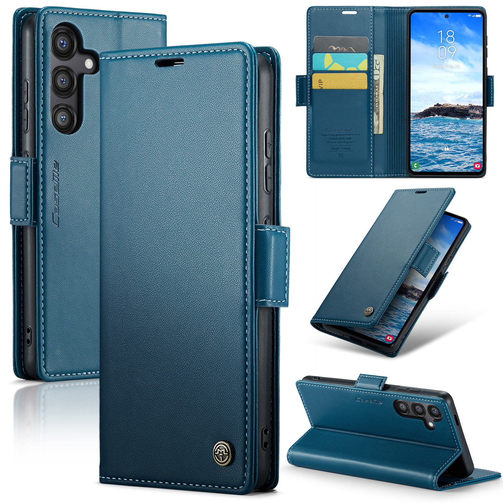 Samsung Galaxy S24 FE Leder Tasche Flip Wallet Etui mit Kartenfächern Litchi Look (RFID Schutz) - Blaugrün