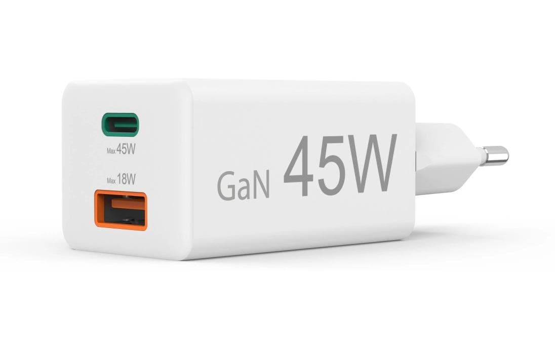 USB-Wandladegerät Gan charger USB-A USB-C 45 W WeissSchnellladegerät mit 1x USB-C und 1x USB-A