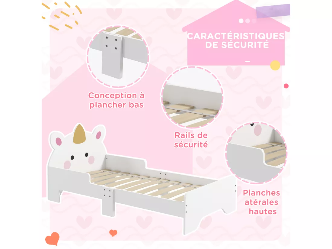 Lit enfant design licorne - sommier à lattes inclus - rose