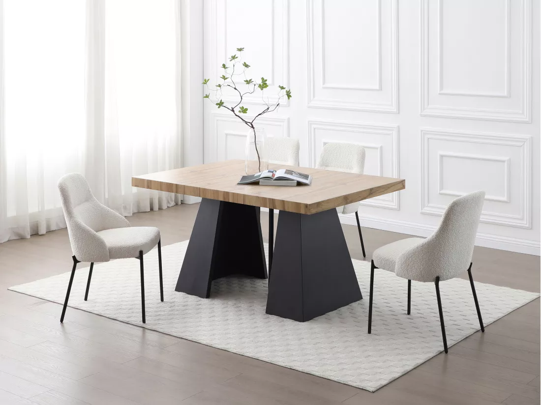Table à manger extensible 4 à 10 personnes en MDF et métal - Naturel et noir - EMELIA