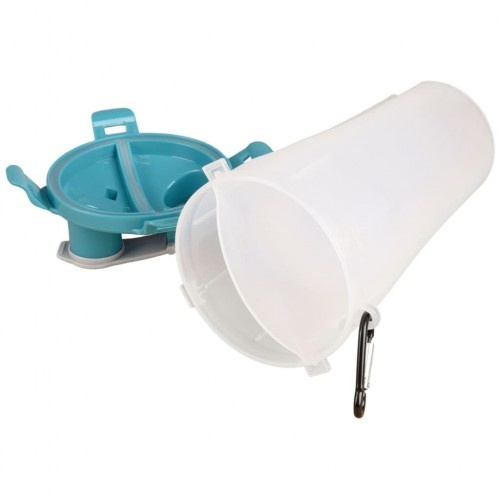 Garrafa de água azul para viagem, ideal para cães.
