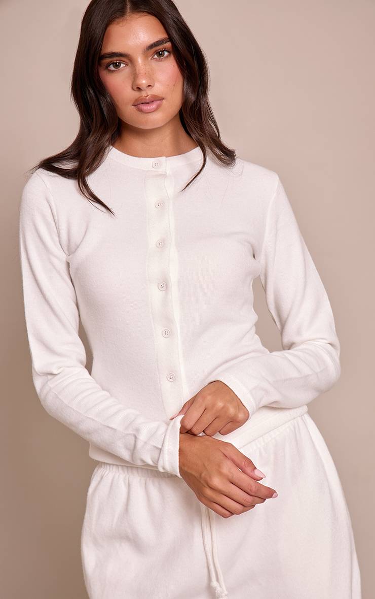 Crème Ensemble Coordonné Haut Boutonné Toucher Doux