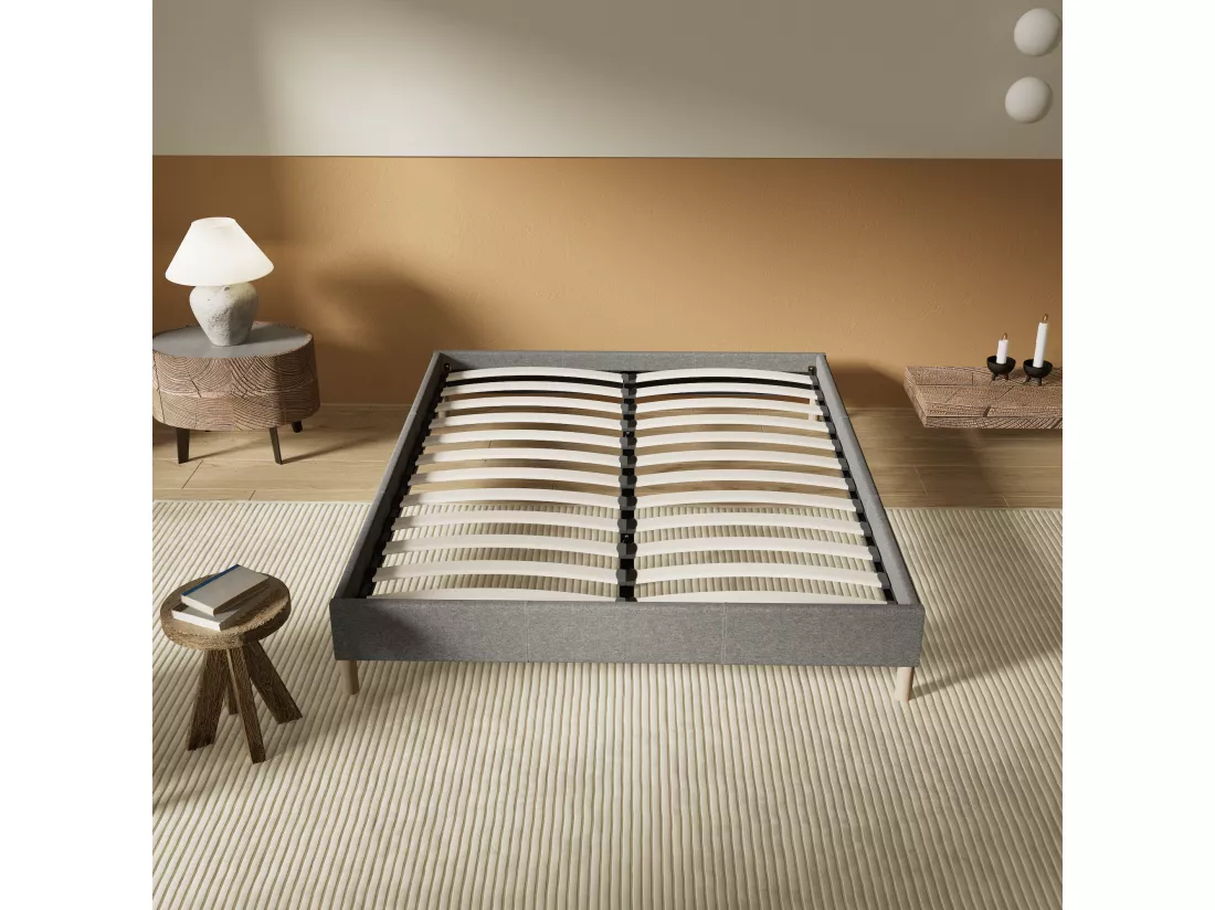 Sommier 140x190 cm, Revêtement en tissu Gris, Pieds en bois