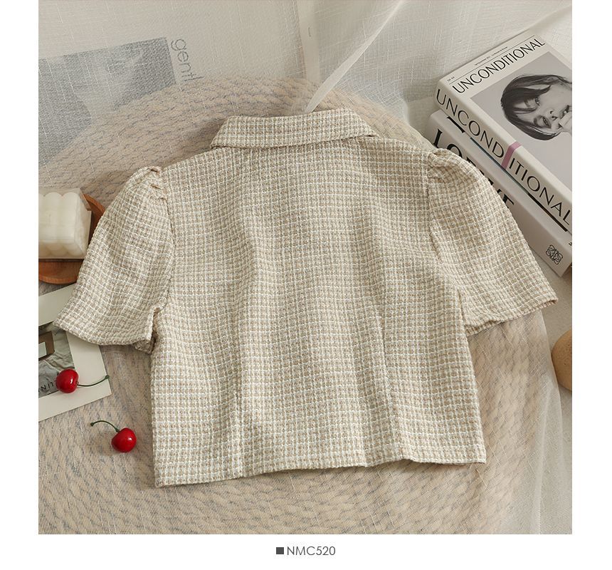 Lemongrass - Tweed crop top met pofmouwen