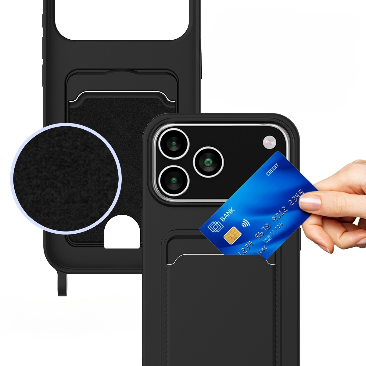 iPhone 17 Pro Necklace Silikon Hülle mit Kartenfach   Handykette (160cm) - Schwarz