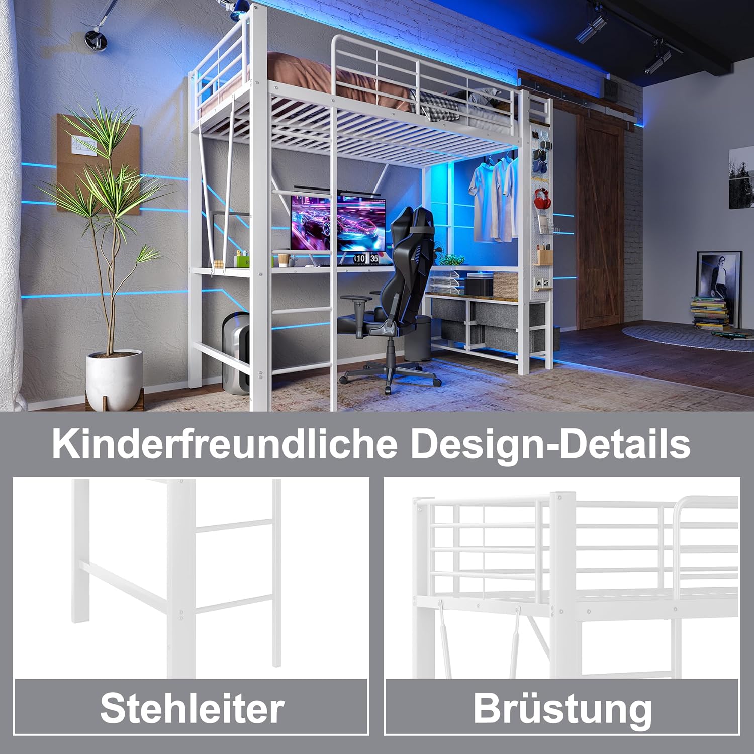 Etagenbett Hochbett 90x200, mit LED Leiste und USB Steckdose, Kinderbett mit 4 Schubladen und Schreibtisch, Trockenstab & Einlegeböden & Lochbrett, Bettgestell mit Rausfallschutz & Leiter(Weiß-C)