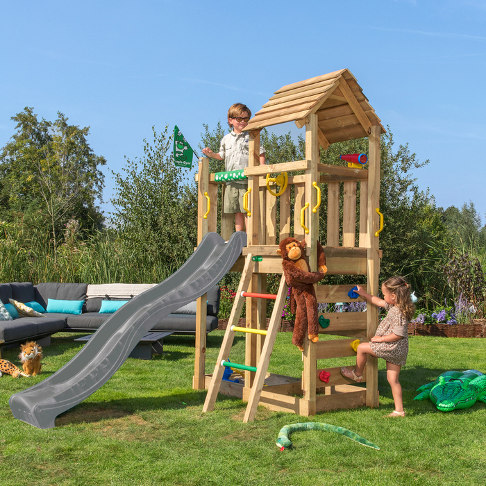 Jungle Gym Safari legetårn m/rutsjebane & klatrevæg grå