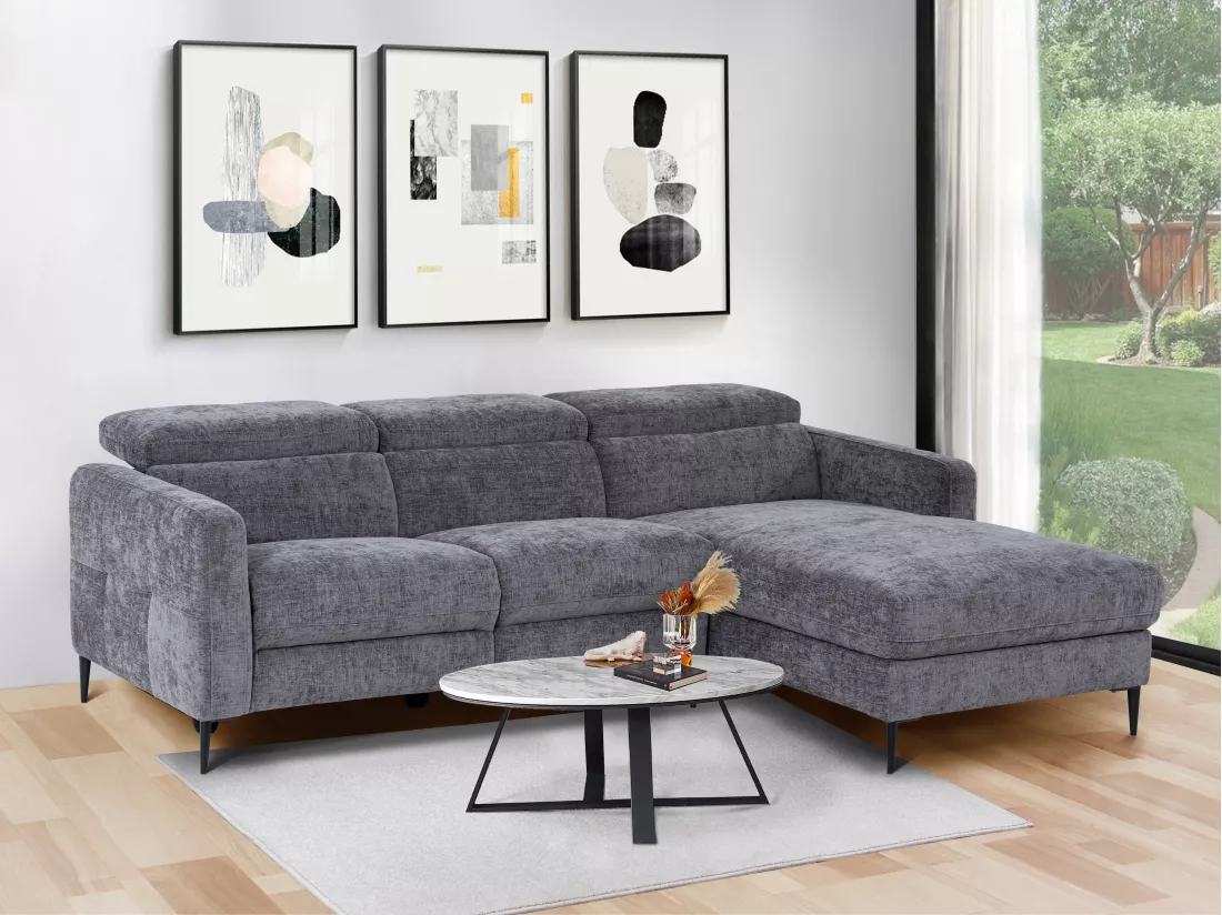Canapé d'angle droit relax électrique en tissu gris anthracite FUSETA