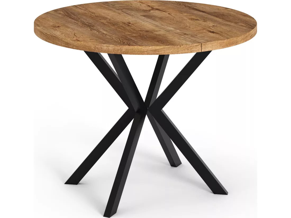 Table à Manger Extensible Ronde - Table Style Loft Avec Pieds En Métal - 120 à 200 Cm - Table Ronde Style Industriel Pour Le Salon - Compacte - Chêne Lefkas/noir -