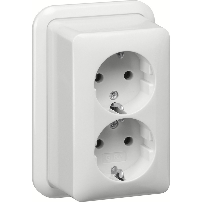 Gira System 55 wandcontactdoos RA dubbel opbouw met montageplaat en adapter K/P25 Glanzend wit