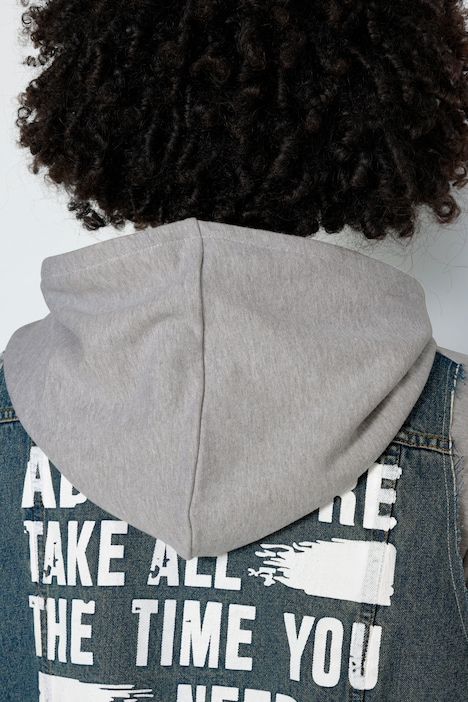Long-Sweatjacke, oversized, Rücken-Jeansbesatz mit Print, Doppelzipper