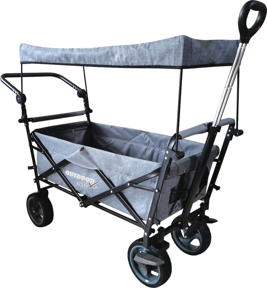 Outdoor active Bollerwagen blau/grau mit Dach und Schubstange