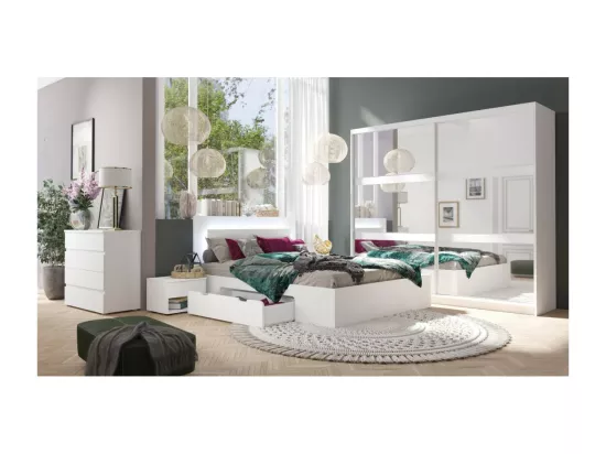 Ensemble chambre NOFI - Lit 140x200 cm avec sommier, 2 tiroirs, chevets, armoire et commode - blanc
