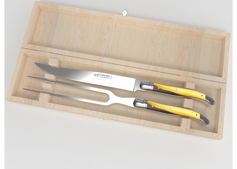 Service à viande Laguiole avec un manche en bois de pistachier et mitres en acier inoxydable