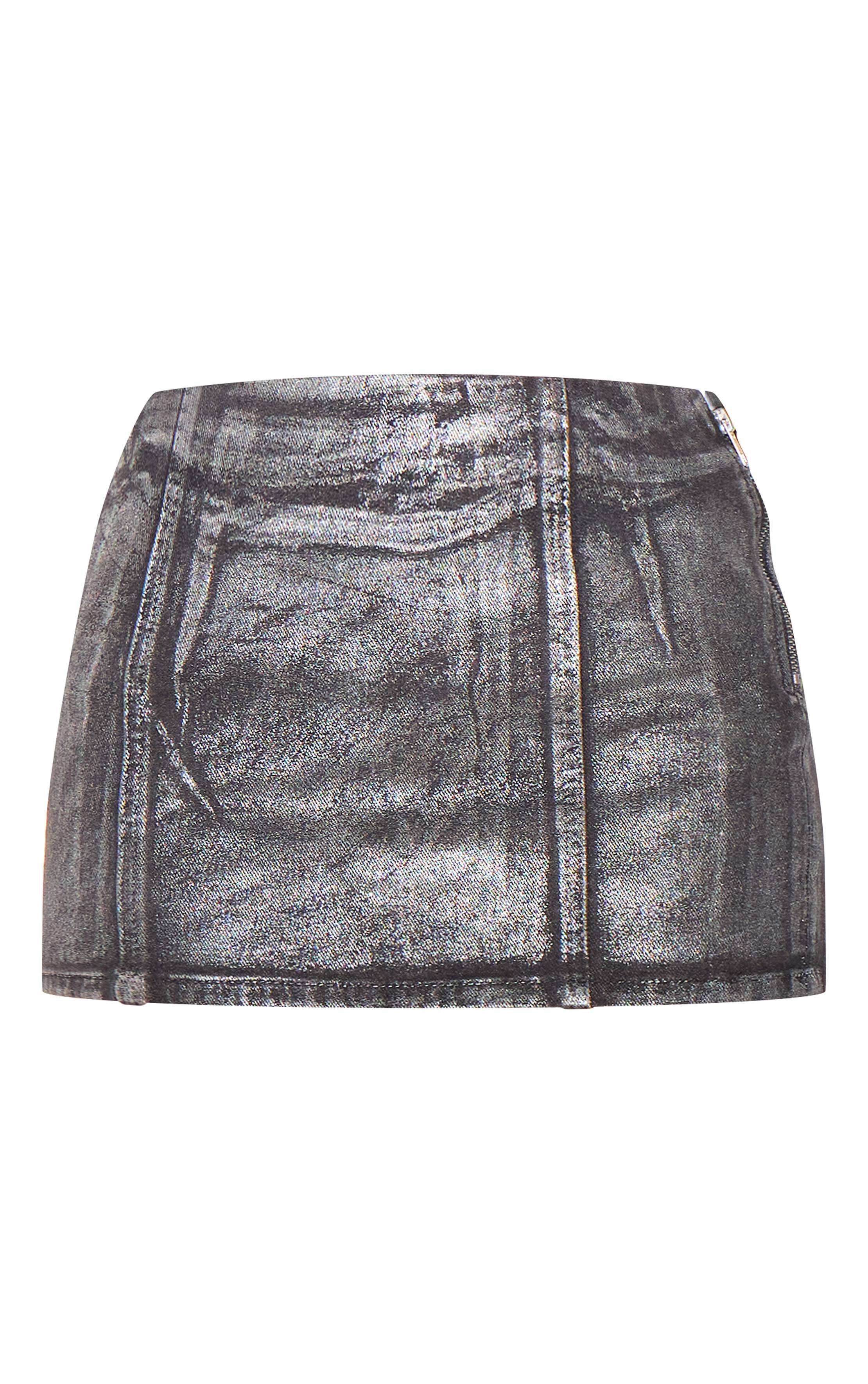 Noir Mini-jupe En Denim Effet Feuille Métallisée Argentée
