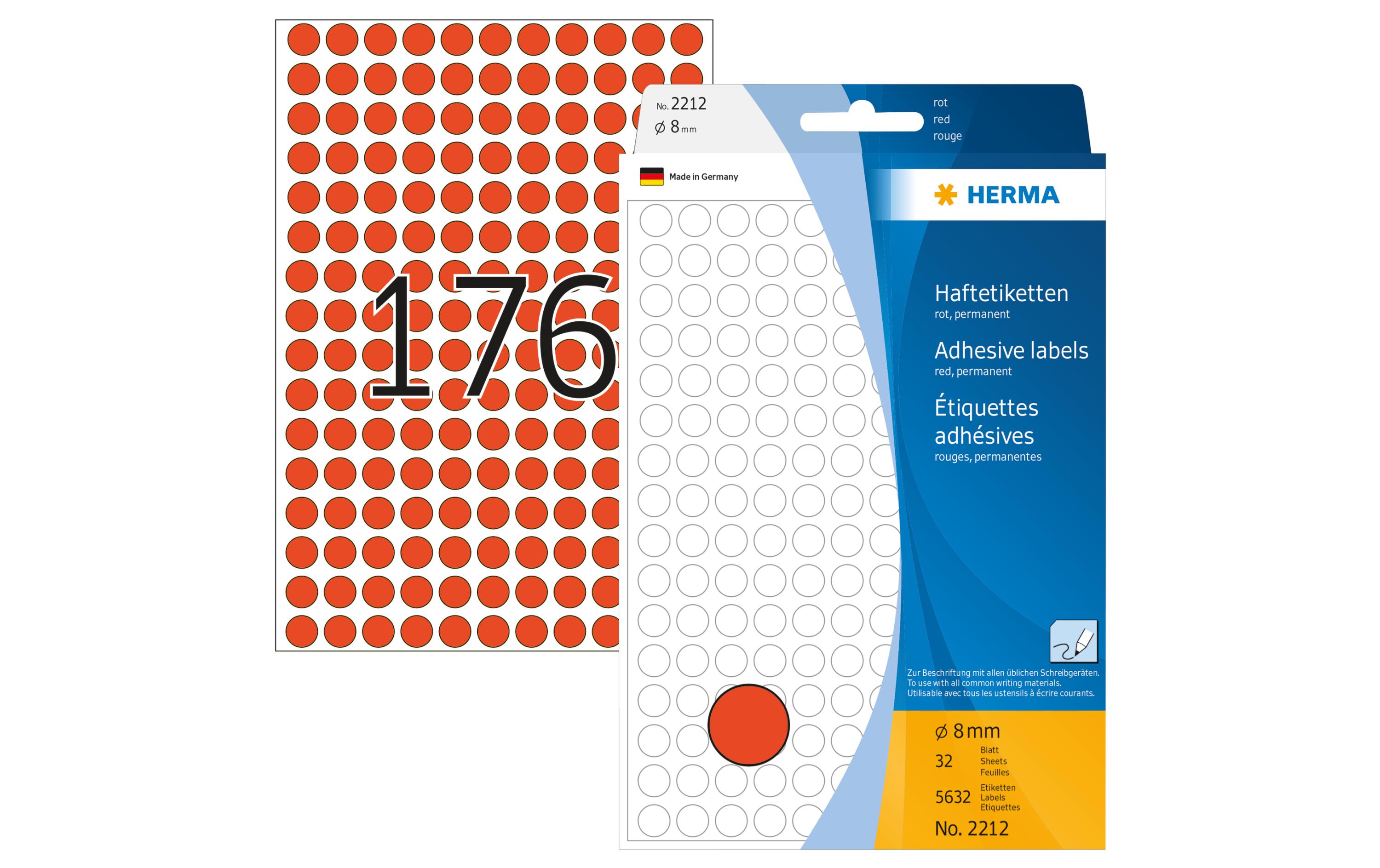 Vielzweck-Etiketten 2212 Ø 8 mm, Rot, 32 BlattSelbstklebende Markierungspunkte für Pinnwand, Flipchart und vieles mehr